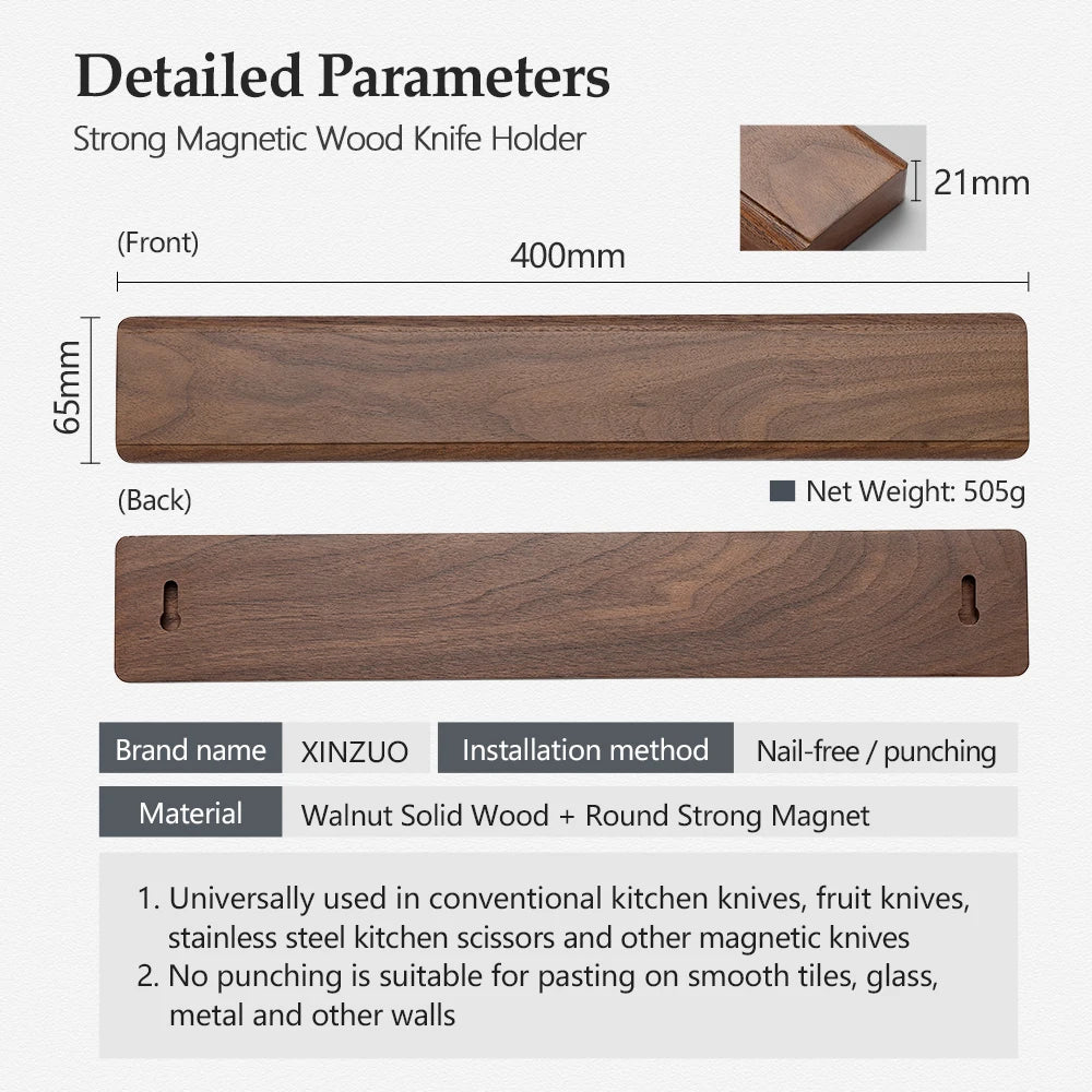 XINZUO 40cm Walnut Magnetic Knife Holder – Wall Mount Strip Magnetic Knife Holder Axl