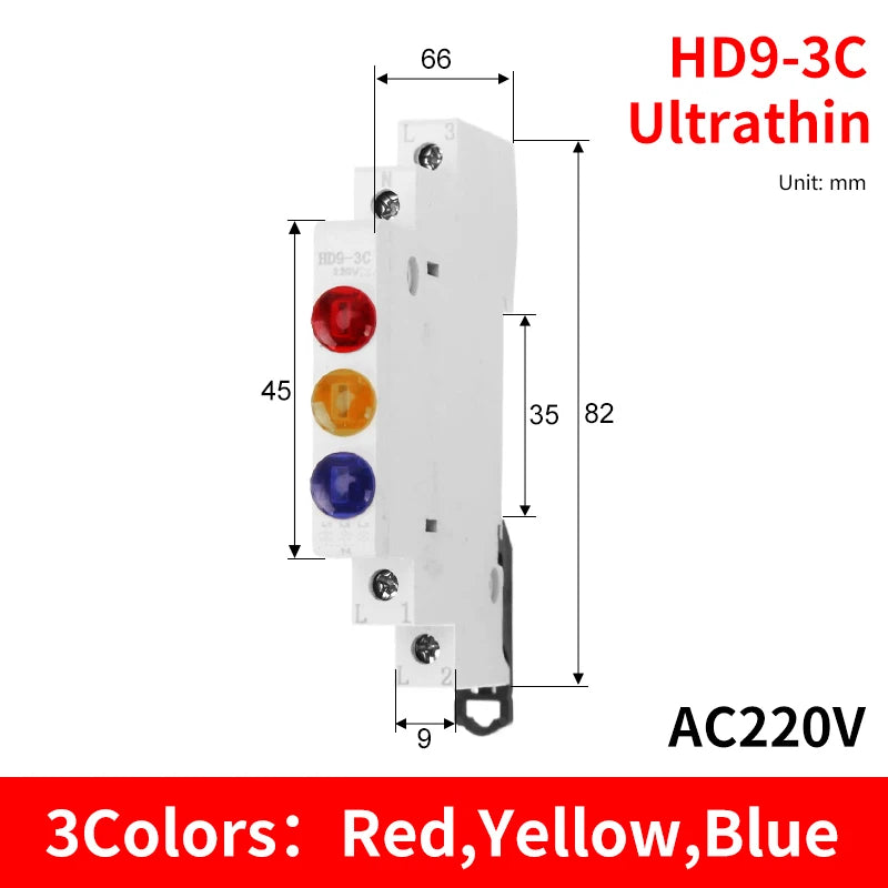 HD9 DIN Rail LED Signal Indicator Light 9mm 18mm 220V – 4 Colors LED Indicator Light Axl 3C-Red-Yellow-Blue