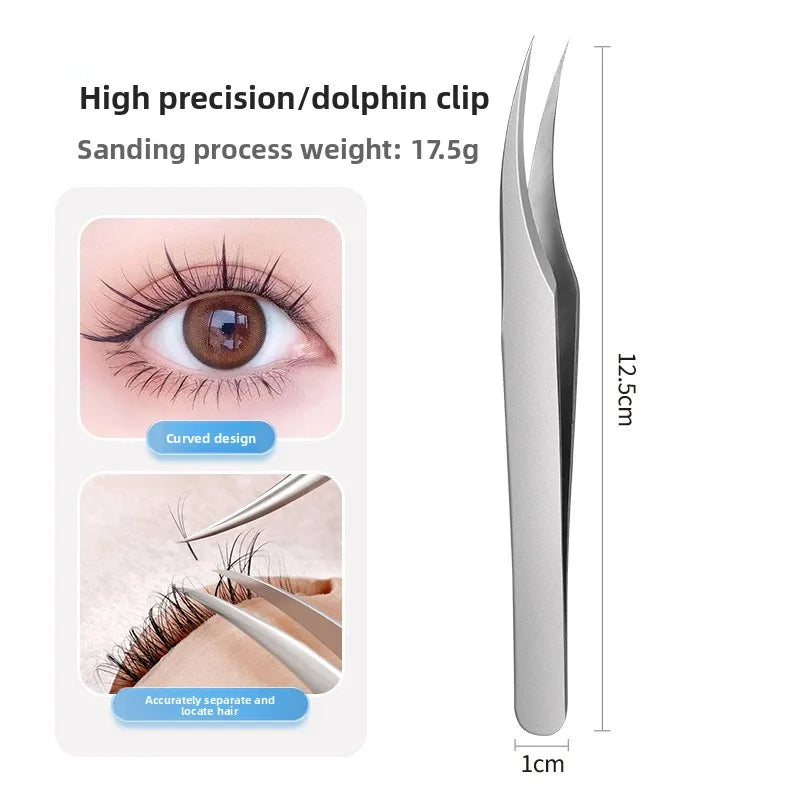 Silver Eyelash Extension Tweezers – Dolphin & Feather Precision Set Eyelash Tweezers Set Axl Sand Blasting-Dolphi
