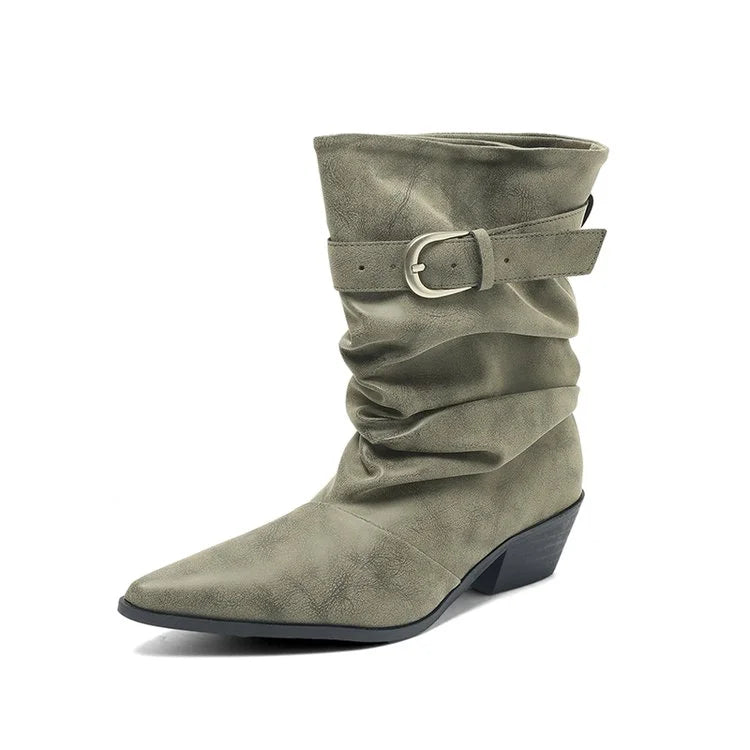 Women's Pointed-Toe Knight Boots – Anti-Slip Belted Heeled Mid-Calf Women's Heeled Boots Axl 41 GRAY