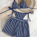 3-in-1 Lace-Up Deep-V Bikini Set – Striped Women's Swimsuit Women's Swimwear Set Axl Blue XL