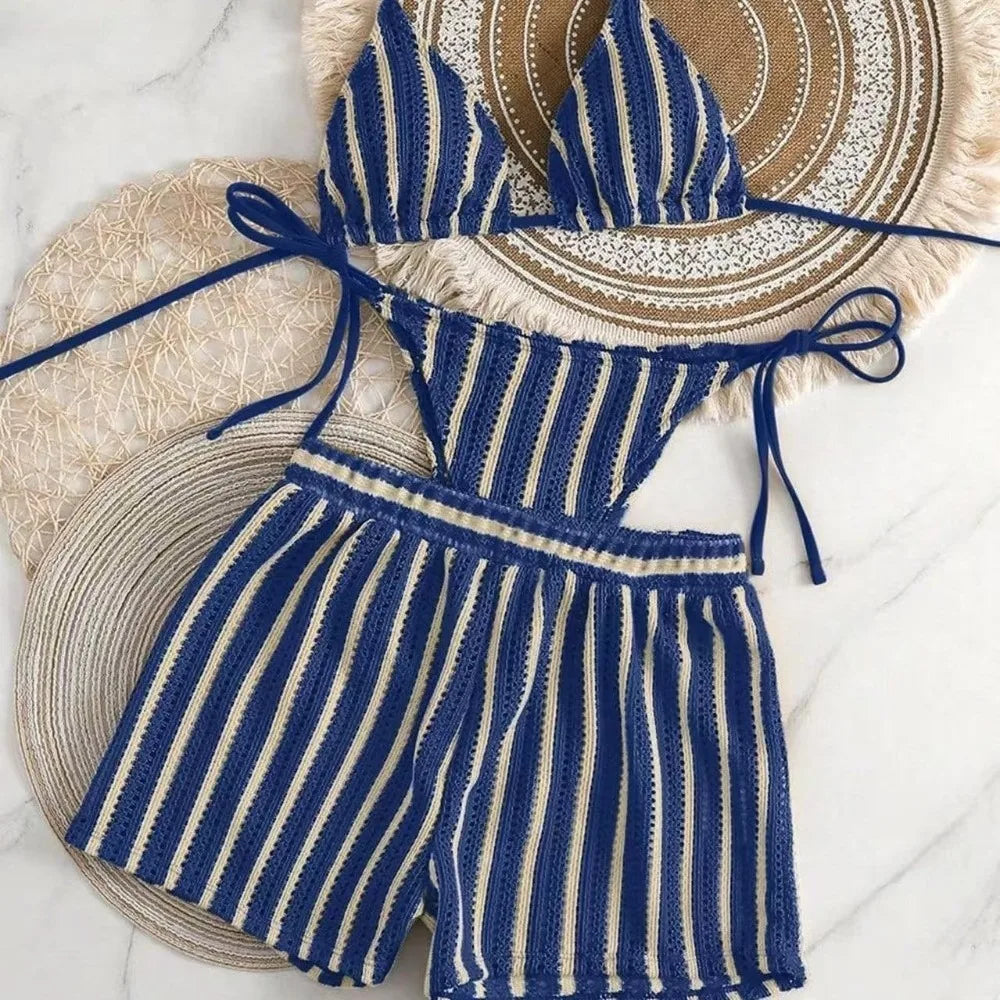 3-in-1 Striped Bikini Set – Lace-Up Deep-V Swimsuit for Women Bikini Swimwear Set Axl Blue XL
