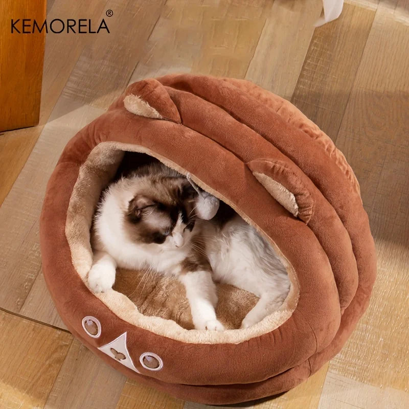 KEMORELA Bear Shape Semi-Enclosed Cat & Dog Bed – Warm Plush Pet Bed Axl
