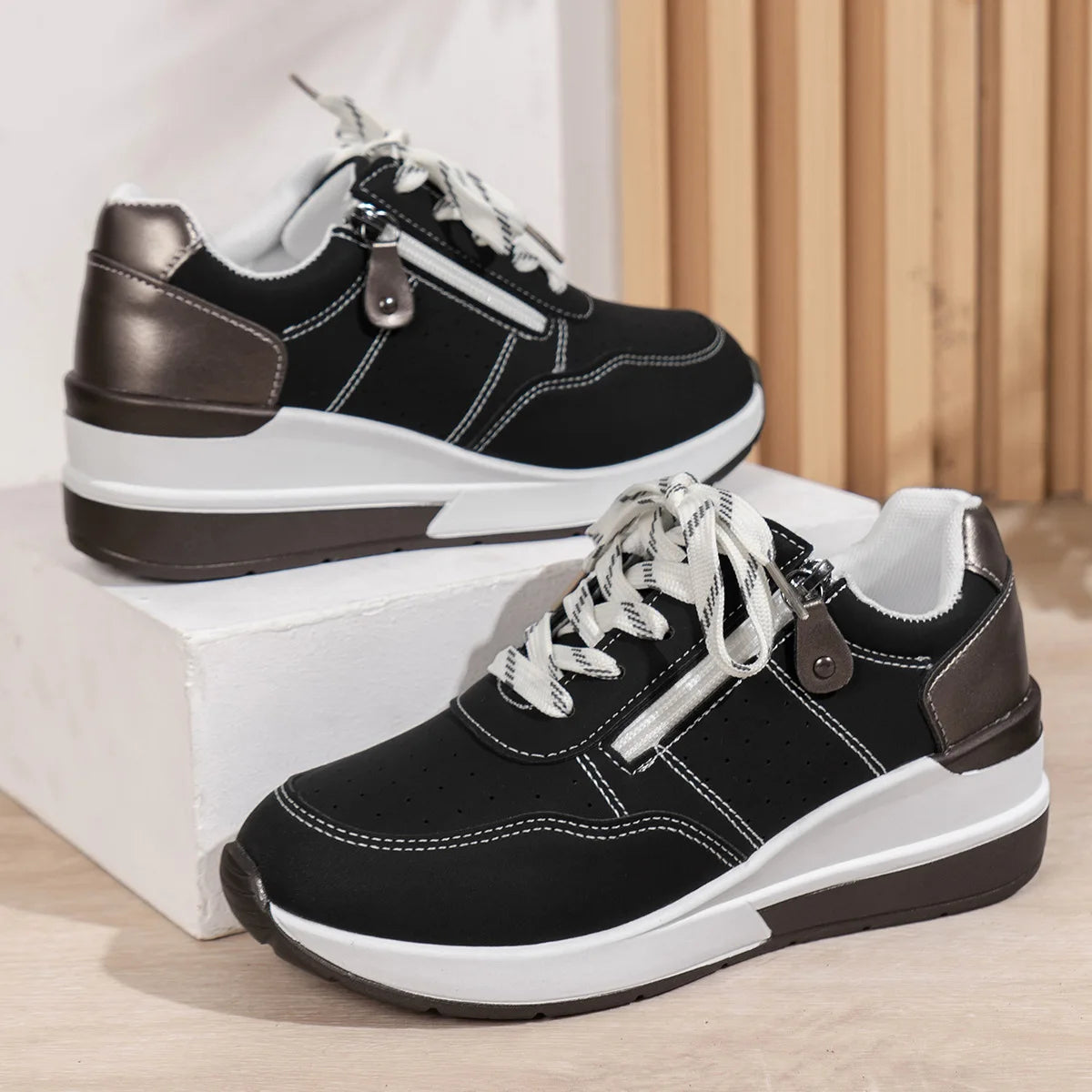 Women's Platform Wedge Sneakers – Breathable Lace-Up Casual Shoes Platform Wedge Sneakers Axl black 36