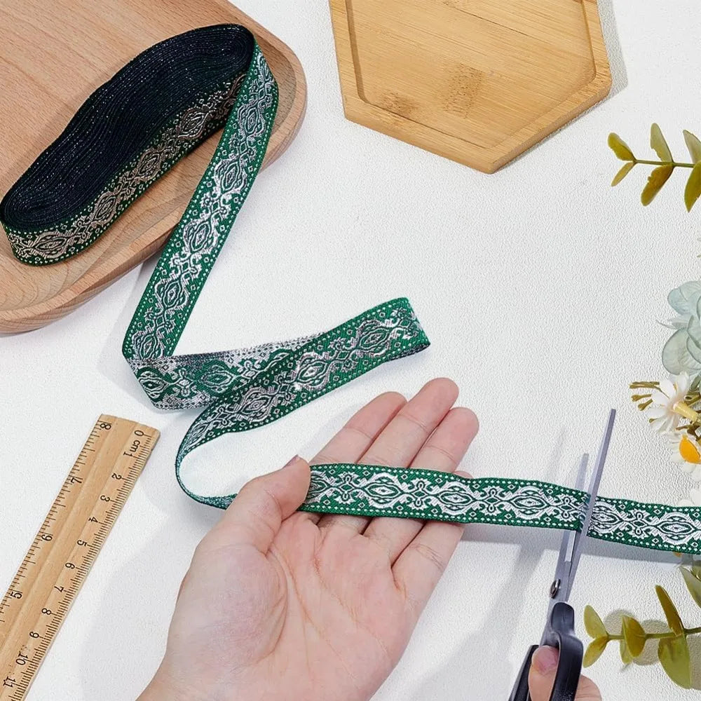 Green Ethnic Jacquard Ribbon 20mm Polyester Floral Trim 7.7 Yds Jacquard Ribbon Trim Axl