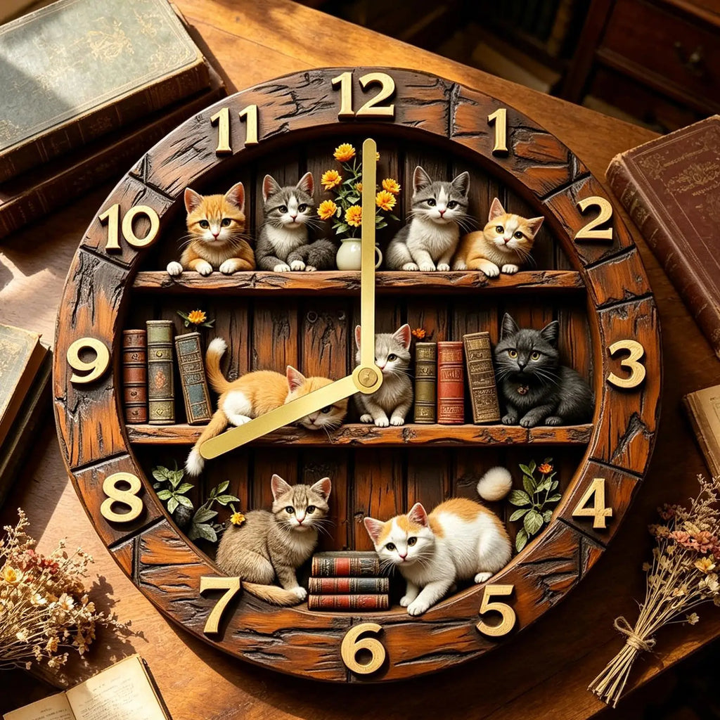 11.81" Silent Cat Wall Clock – Wooden Farmhouse Decor Silent Wall Clock Axl