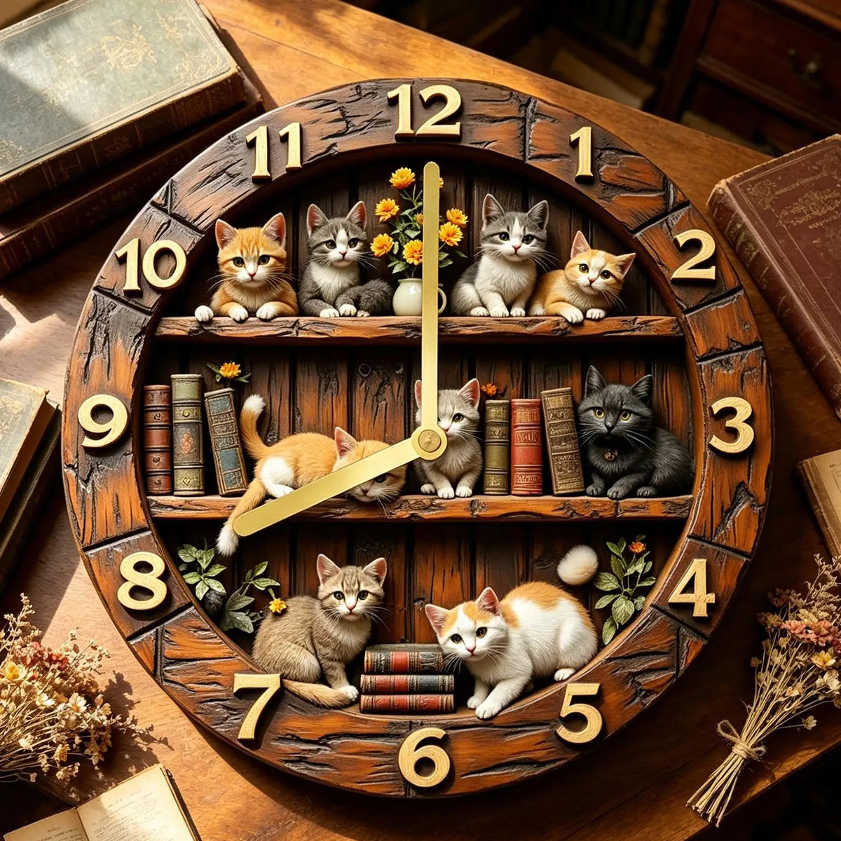 11.81" Silent Cat Wall Clock – Wooden Farmhouse Decor Silent Wall Clock Axl