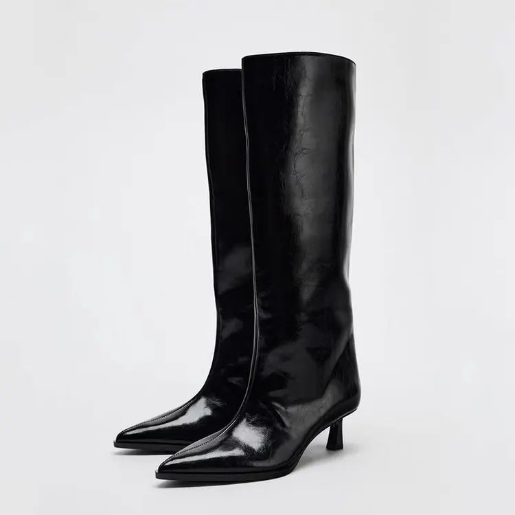 Women's Knee-High Wedge Boots – Pointed Toe Slip-On 5cm Heel Knee-High Boots Axl