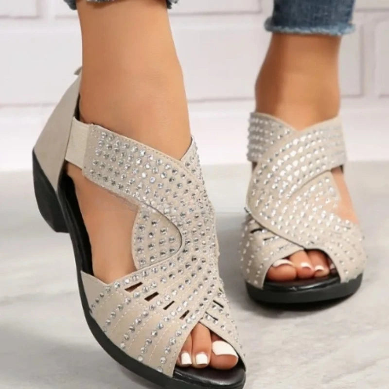 Women's Rhinestone Peep Toe Platform Sandals | Soft Sole Women's Platform Sandals Axl 40 Beige