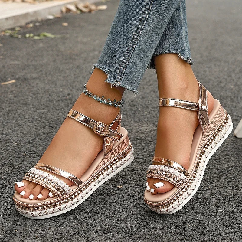 Women's Plus Size Rivet Wedge Sandals Gold Ankle Strap Platform Wedge Platform Sandals Axl