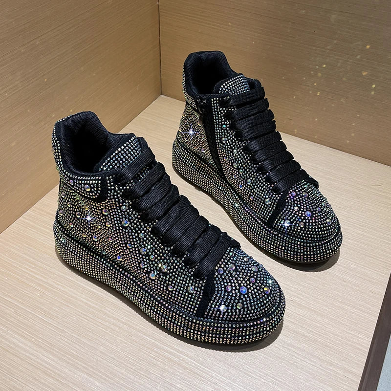 Women's Rhinestone Platform Sneakers – Shiny Lace-Up Casual Shoes Platform Sneakers Axl Silver 37