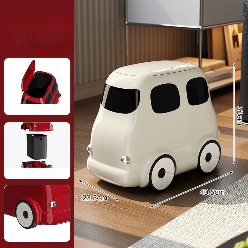 Cartoon Bus Trash Can – Large Retro Plastic Dustbin with Wheels Decorative Trash Can Axl White