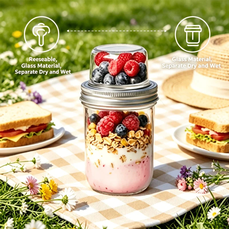 KEMORELA Overnight Oats Jars – Dual-Layer Glass Containers Glass Meal Prep Jars Axl 1PCS