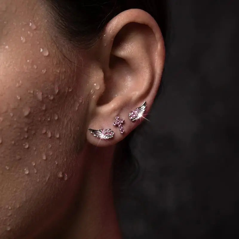 Vintage Punk Pink Zircon Wing Cross Earrings Set 3/4 Pcs Earring Set Axl