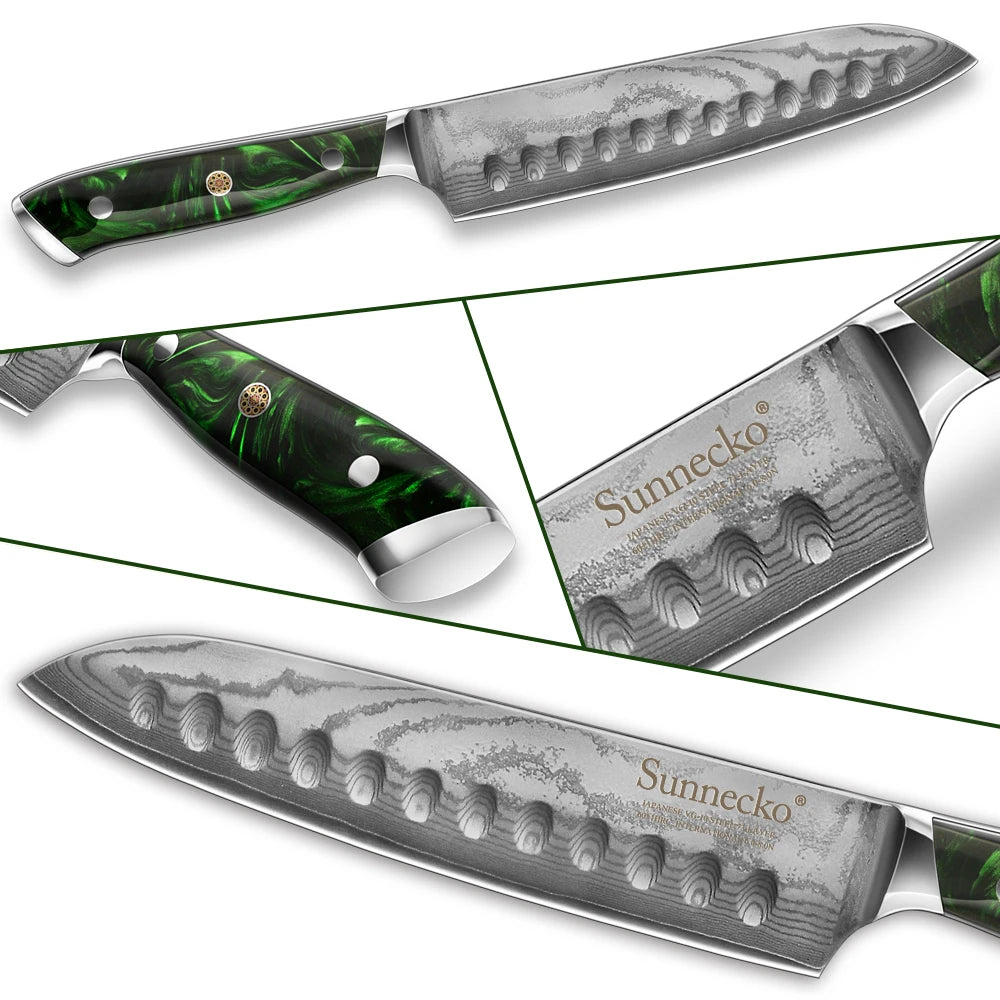 Sunnecko 7" Damascus Santoku Knife – 73-Layer VG10 Steel Damascus Santoku Knife Axl