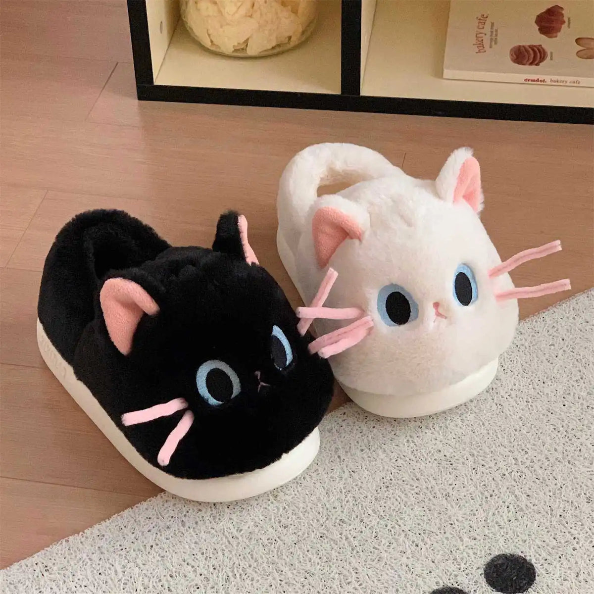 Women's Black Cat Fluffy Plush Slippers | Faux Fur Mules Plush House Slippers Axl