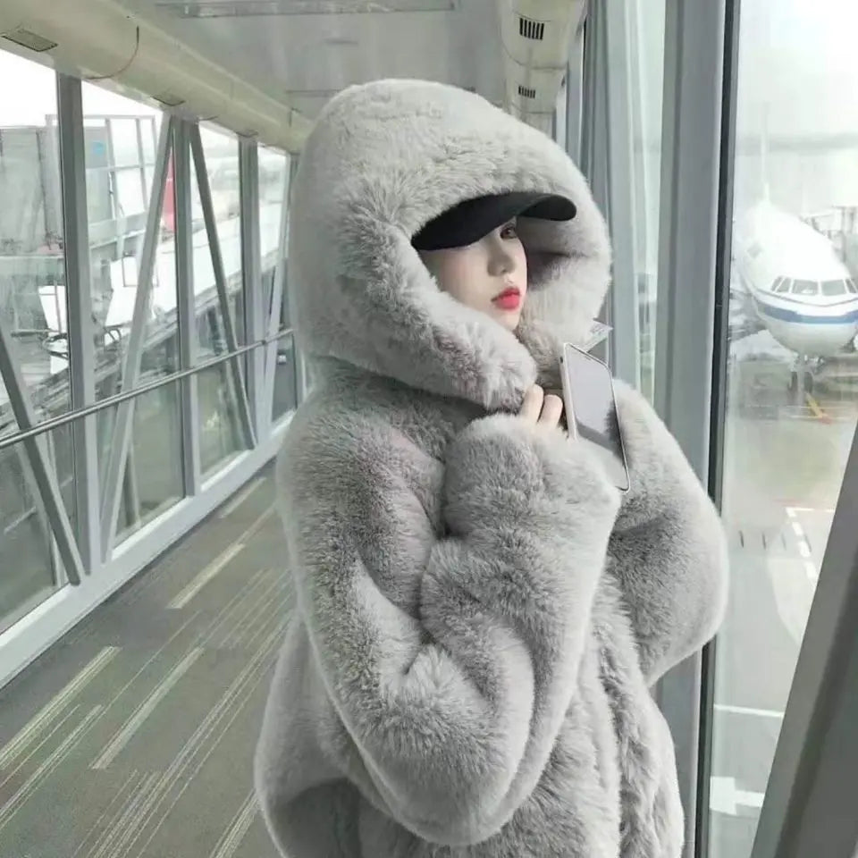 Women's Hooded Faux Fur Coat – Korean Style Plush Fleece Faux Fur Coat Axl Light gray M China Mainland