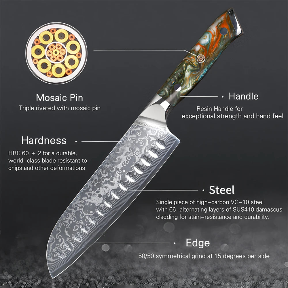 67-Layer Damascus Steel Santoku Knife – 17.8cm Sharp Blade Damascus Kitchen Knife Axl