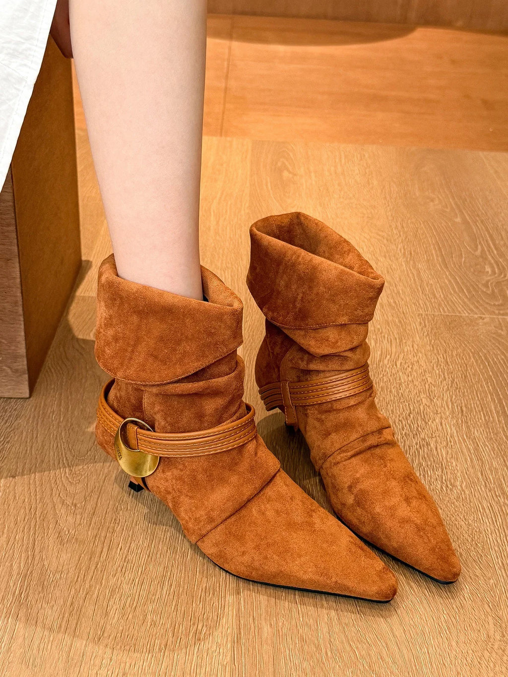 Women's Pointed Toe Chelsea Ankle Boots | Kitten Heel Suede Chelsea Ankle Boots Axl Brown 35