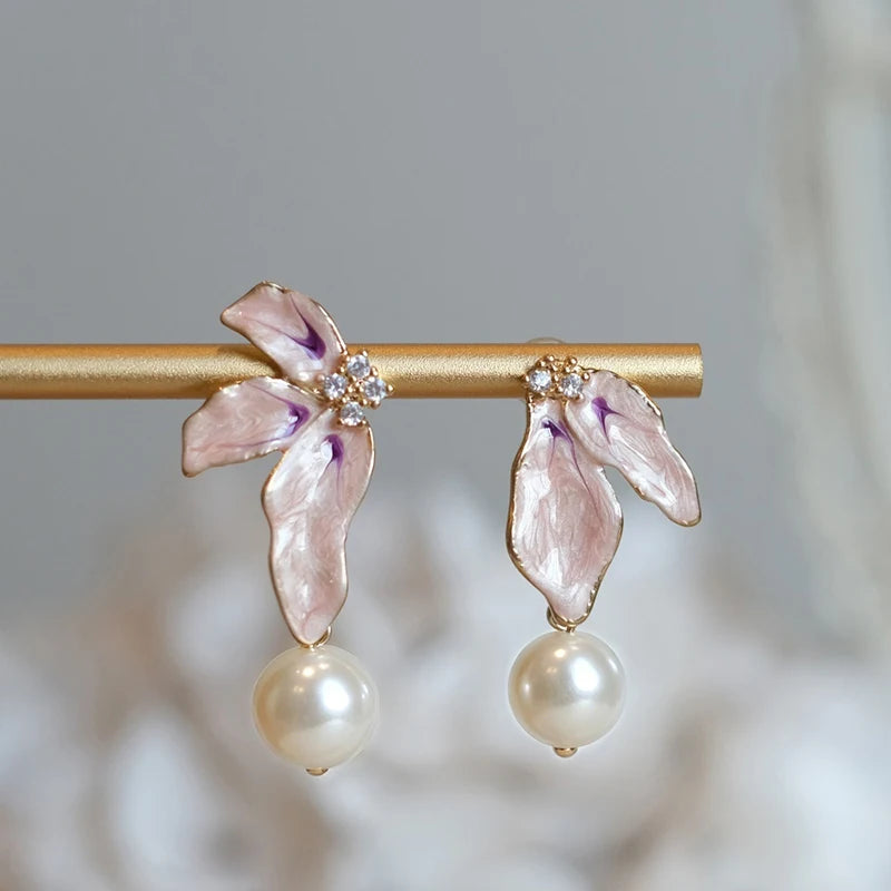 Huitan Pink Enamel Flower & Pearl Drop Earrings | Women Drop Earrings Axl