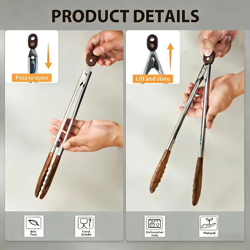 Walnut Wood Handle Stainless Steel Food Tongs | BBQ & Kitchen Kitchen Serving Tongs Axl