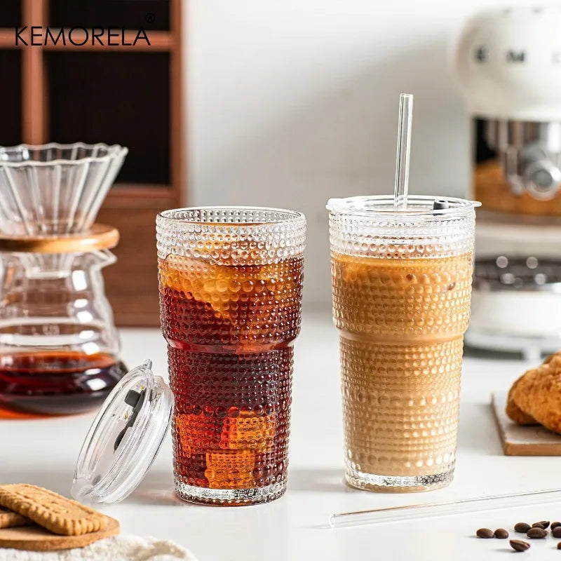 KEMORELA 600ml Hobnail Glass Tumbler with Lid & Straw Glass Tumbler Set Axl