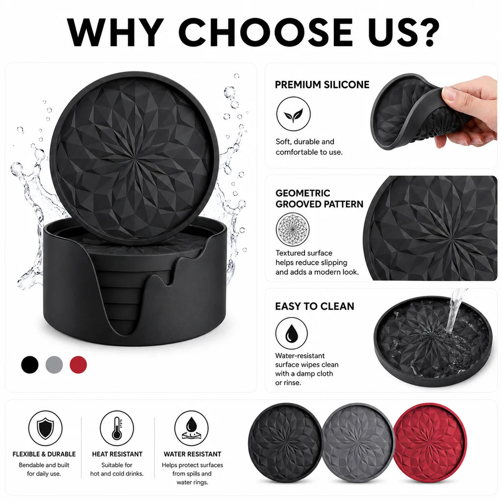 6-Piece Silicone Coasters with Holder – Non-Slip & Heat Safe Silicone Coaster Set Axl