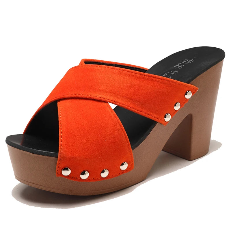 Women's Platform Peep Toe Sandals – Square High Heel Rivet Mules Platform Heel Sandals Axl 42 Orange