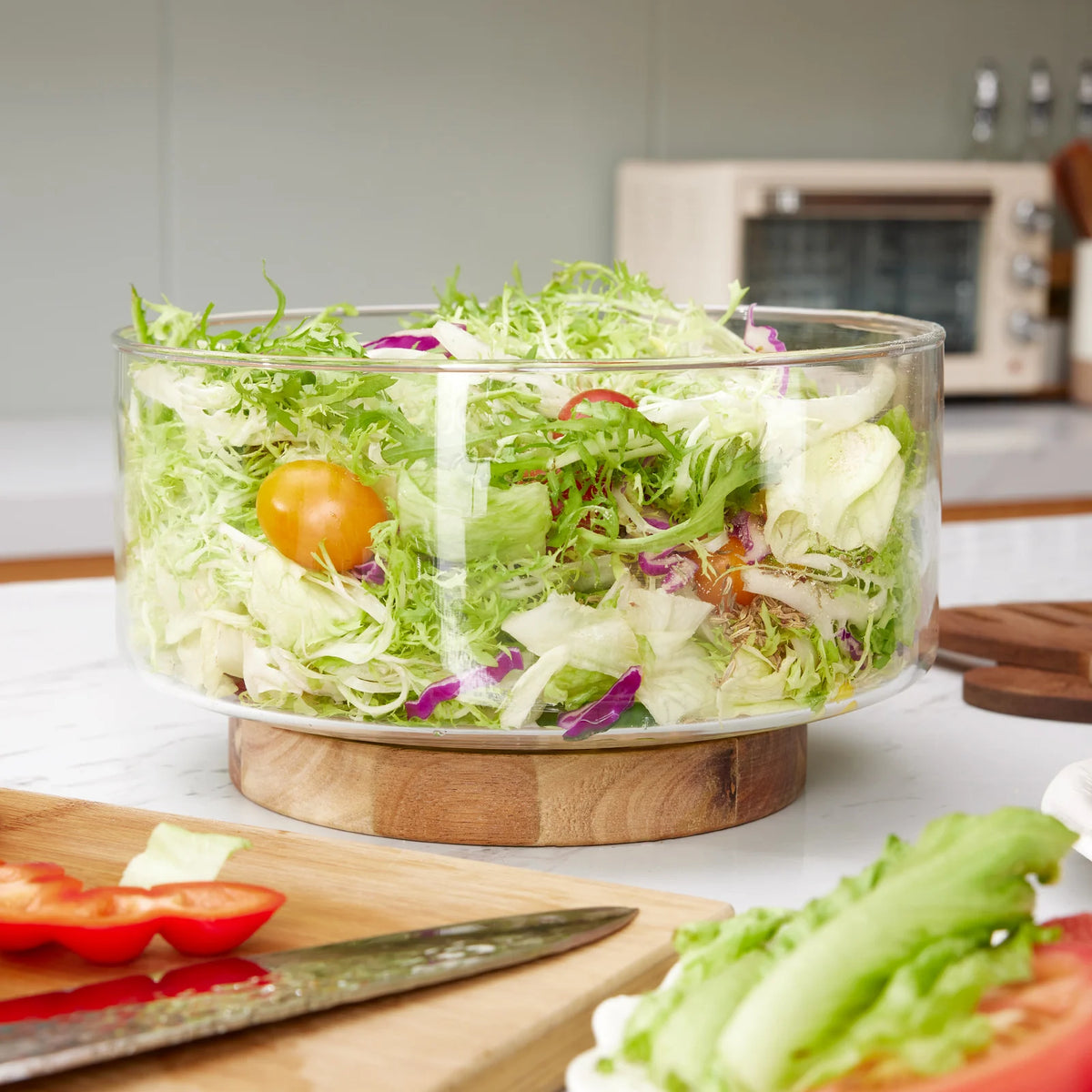 Glass Fruit Bowl with Wood Base – Large Salad & Snack Bowl Glass Serving Bowl Axl