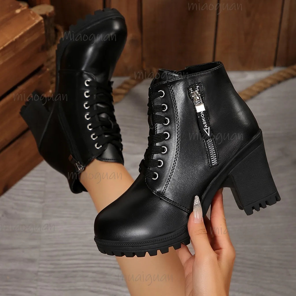 Women's Black Platform Chunky Heel Ankle Boots | Zip-Up Platform Ankle Boots Axl