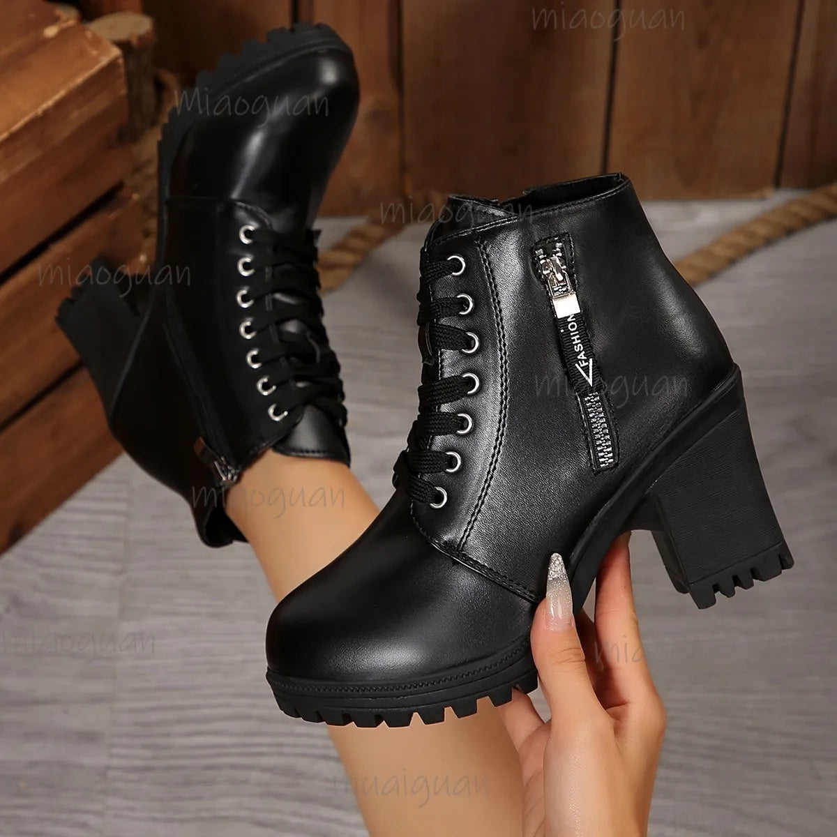 Women's Black Platform Chunky Heel Ankle Boots | Zip-Up Platform Ankle Boots Axl