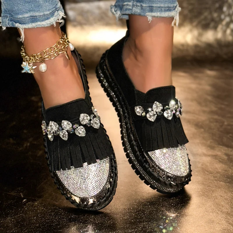 Women's Rhinestone Cow Suede Loafers – Flat Slip-On Shoes Suede Loafers Axl