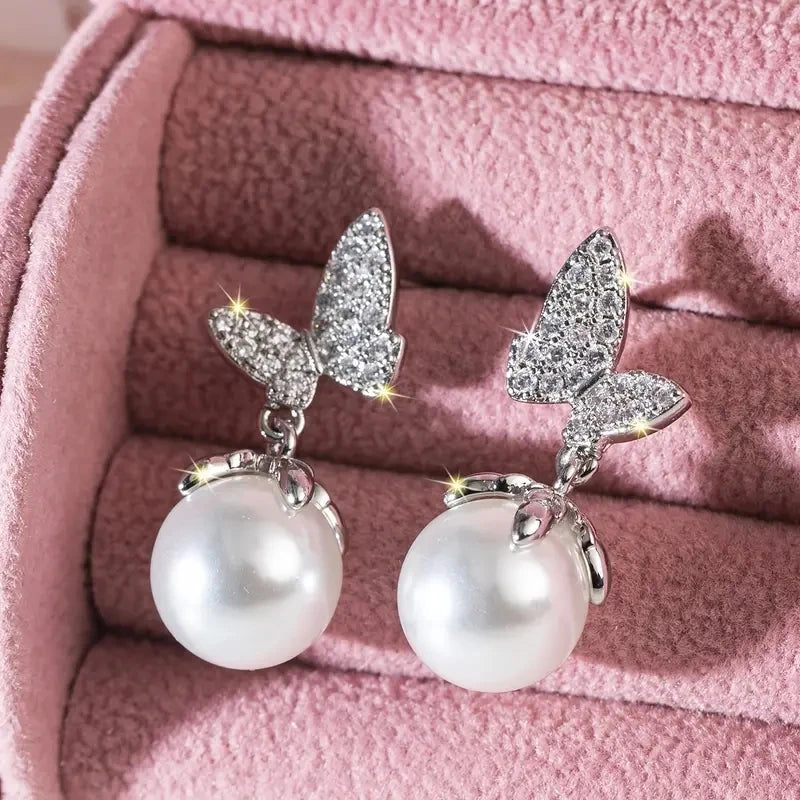 Huitan Butterfly Drop Earrings with Imitation Pearl | Women Drop Earrings Axl
