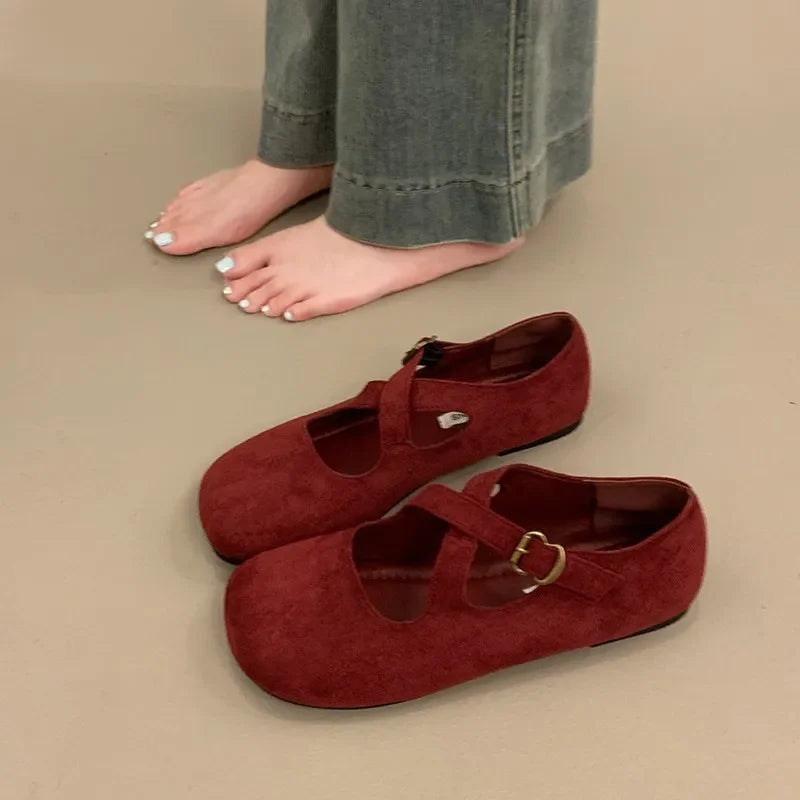 Women's Retro Faux Suede Flat Loafers | Buckle Strap Square Toe Flat Loafers Axl