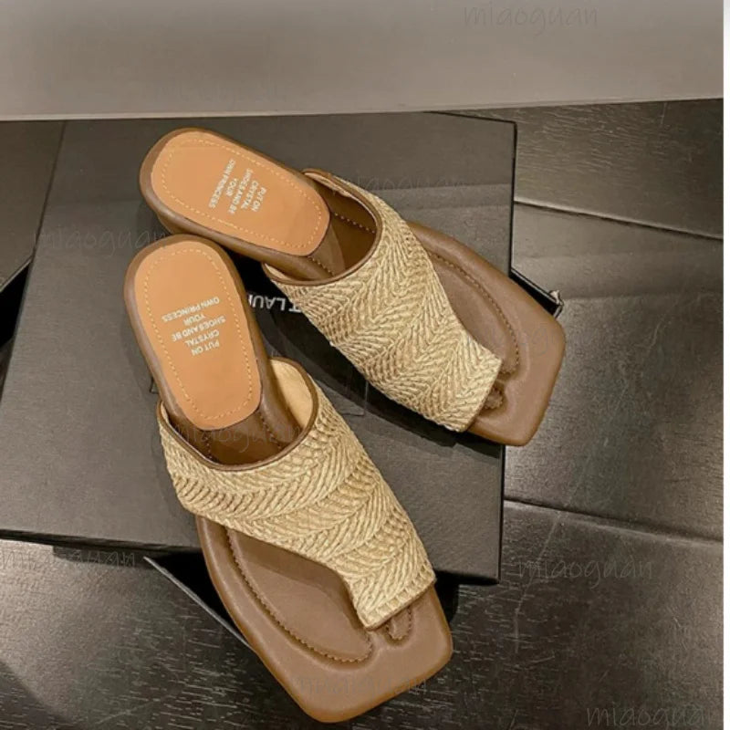 Women's Woven Square Toe Sandals – Low Heel Roman Slip-On Women's Sandals Axl Beige 40