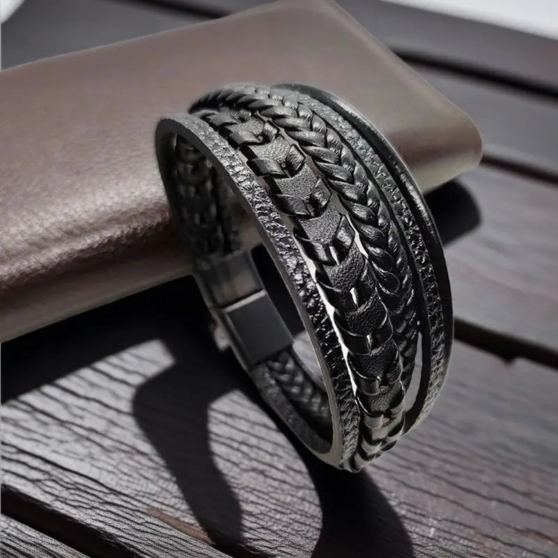 Men's Multilayer Braided Leather Wrap Bracelet | Magnetic Buckle Leather Wrap Bracelet Axl