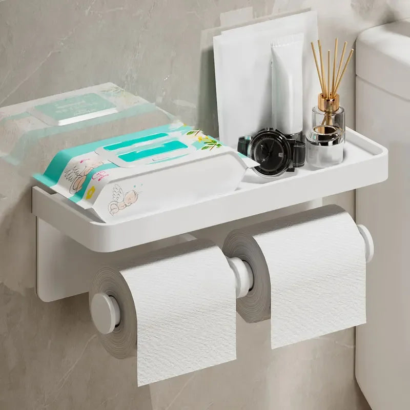 Aluminum Toilet Paper Holder with Storage Shelf | Bathroom Toilet Paper Holder Axl Long White
