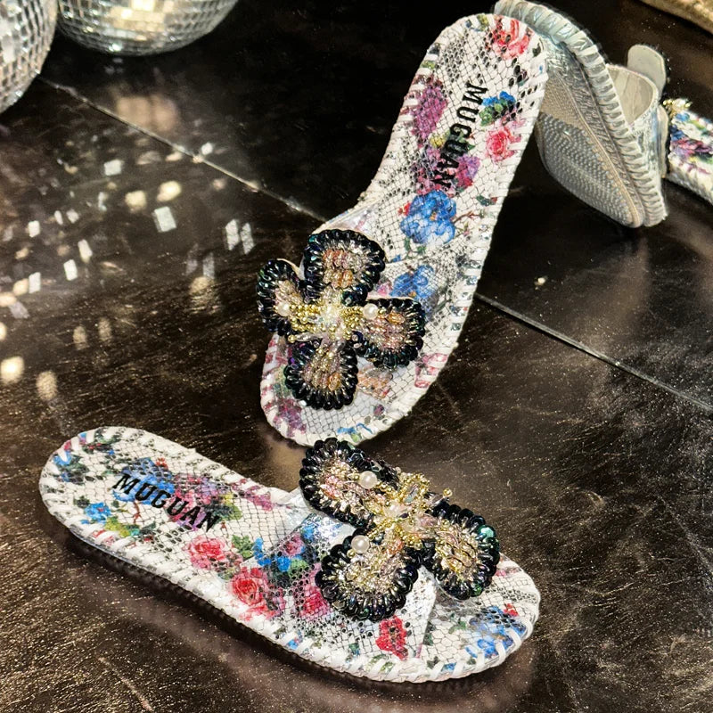 UXST Women Platform Slippers – Pearl Flower Printed Leather Platform Slippers Axl Silver 35