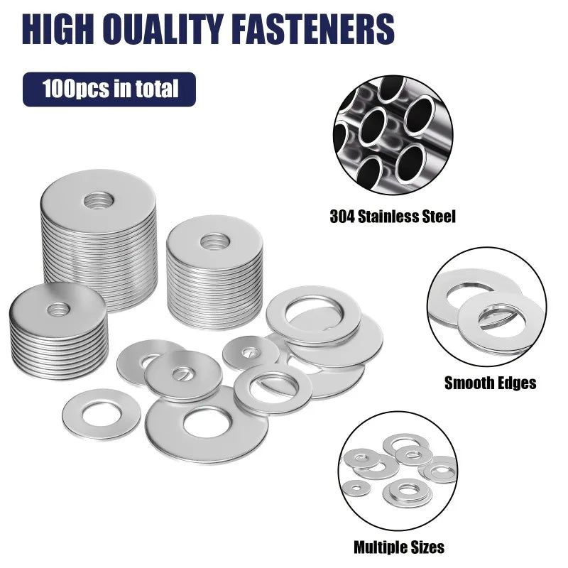100pcs Stainless Steel Flat Washer Kit – 12 Sizes M3 to M12 Flat Washer Kit Axl