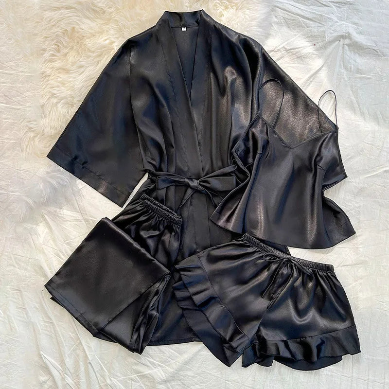Women's 4-Piece Satin Kimono Pajama Set – Silky Loungewear Pajama Set Axl Black Robe Set S