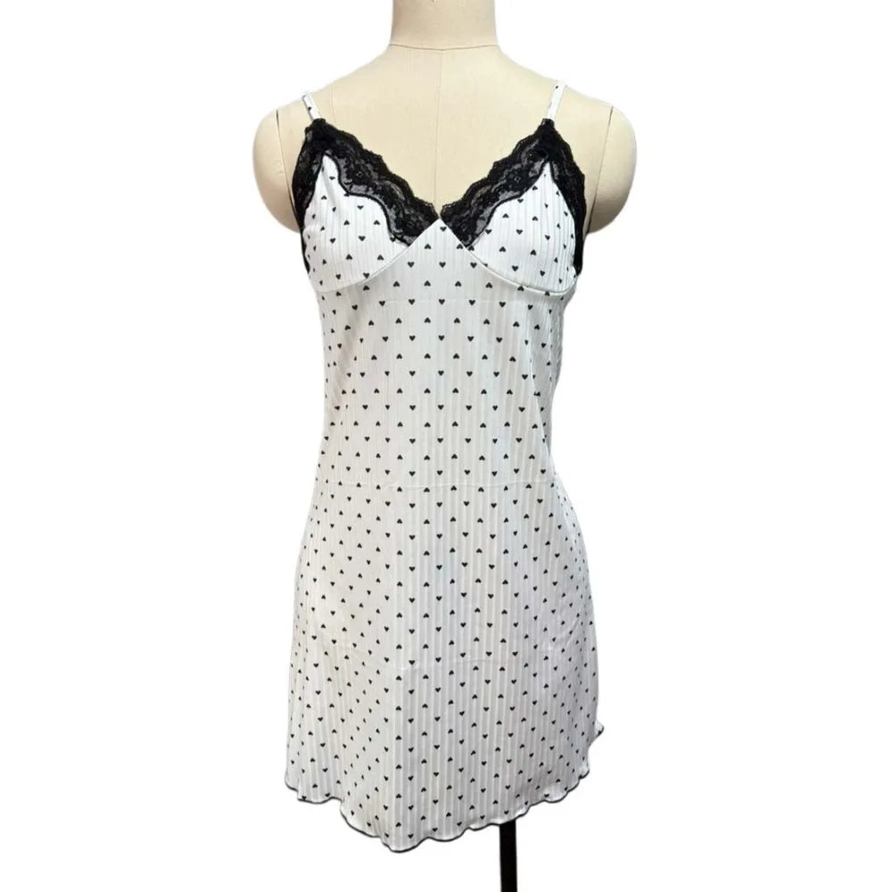 Women's Heart Print Lace Camisole Nightdress – Soft Sleepwear Camisole Nightdress Axl Black White M
