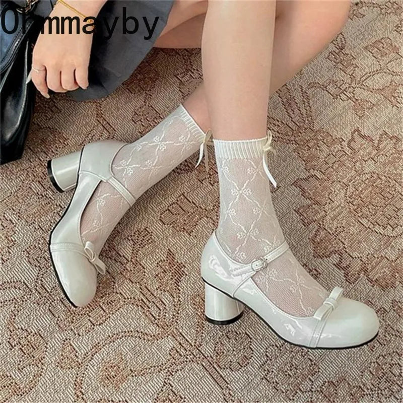 Butterfly-Knot Mary Jane Pumps | Women's Lolita Square Heels Mary Jane Pumps Axl
