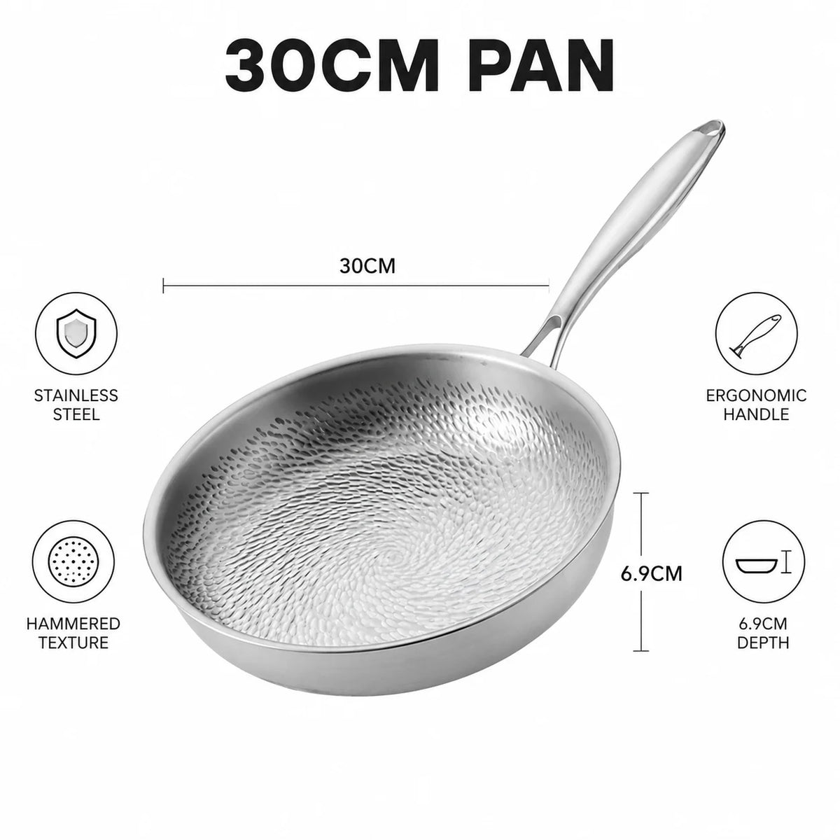 Hammered 3-Ply Stainless Steel Skillet – Uncoated Frying Pan 28cm Stainless Steel Skillet Axl 30cm