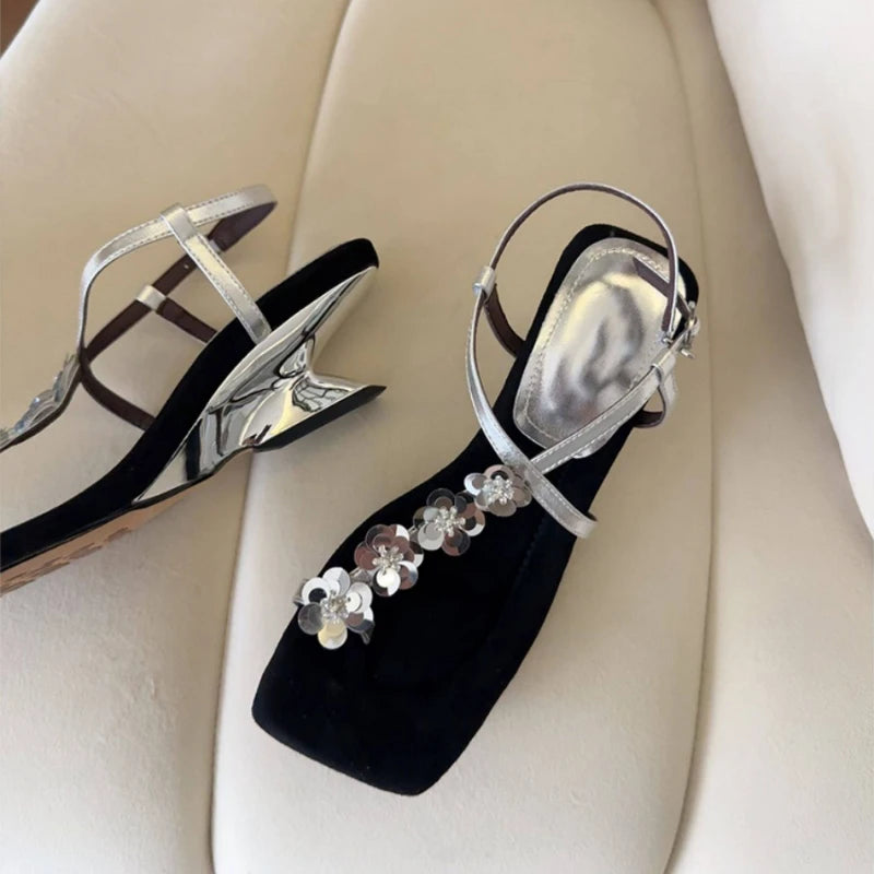 Women's Sequin Flower Wedge Sandals | Open Toe Gladiator Heels Wedge Sandals Axl