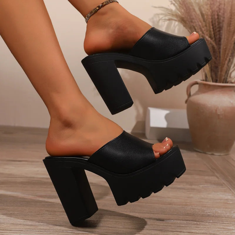 UXST Women's Square Heel Platform Mules | Peep Toe Sandals Platform Mule Sandals Axl