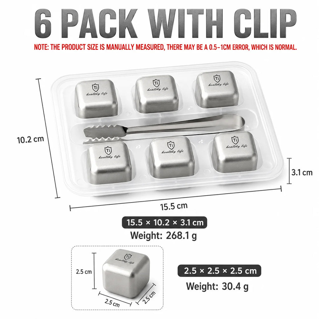 Titanium Stainless Steel Reusable Ice Cubes Set with Tongs Whiskey Stones Set Axl 6 Pack with Clip