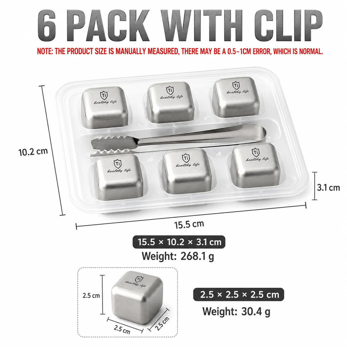 Titanium Stainless Steel Reusable Ice Cubes Set with Tongs Whiskey Stones Set Axl 6 Pack with Clip