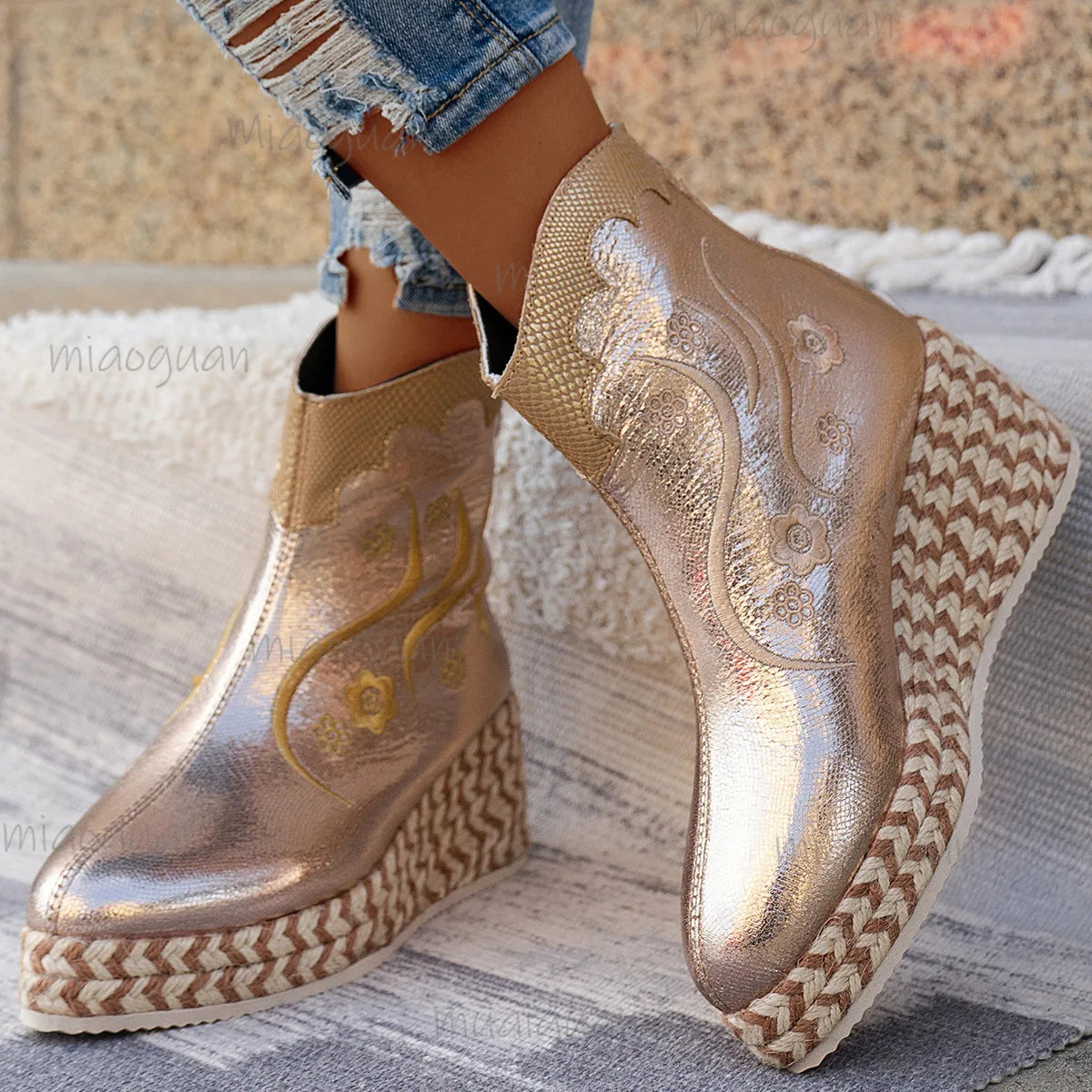 Women's Embroidery Wedge Ankle Boots | Retro Ethnic Platform Wedge Ankle Boots Axl