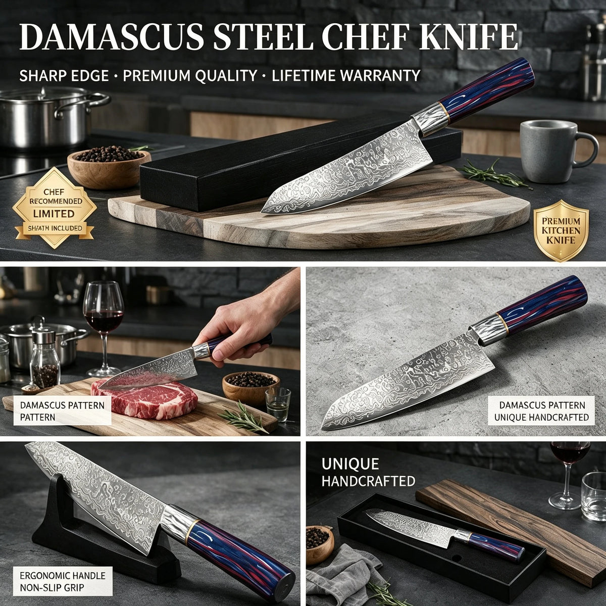 Japanese Damascus Chef's Knife – 20cm Solid Wood Handle Damascus Chef's Knife Axl