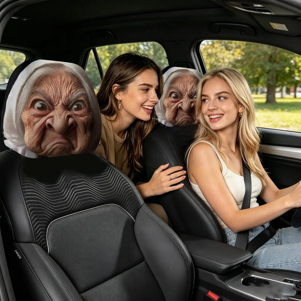 Funny Granny Face Car Headrest Covers – 2Pcs Elastic Washable Car Headrest Cover Axl